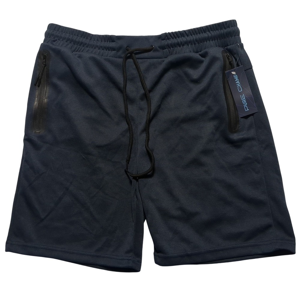 Pure Champ Men Large Athletic Fleece Shorts‎ Navy Blue Zip Pockets TFS-01 NEW